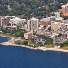 aerial view of the Spencer Smith Park with the new pier along the shore of Lake Ontario, Burlington Ontario Canada