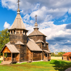 The traditional russian wooden church for tourists in the ancient town of Suzdal, Russia. Golden Ring of Russia.