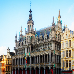 facade of Maison du Roi at day, Brussels, Belgium, toned