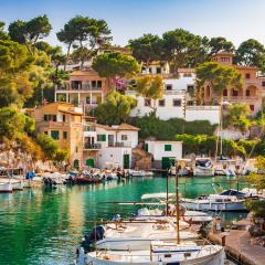 Spain Majorca, idyllic view of the old fishing port village Cala Figuera, Santanyi, Balearic islands, Mediterranean Sea.