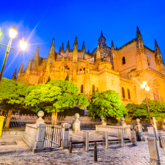 Segovia, Spain.  Gothic-style Roman Catholic cathedral located in the main square Plaza Mayor in Castile and Leon region. Castilla y Leon