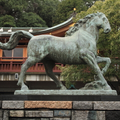 statue of sacred horse in Suwa shrine, Nagasaki, Japan
