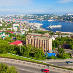 Vladivostok city aerial panoramic view, Primorsky Krai in Russia. Vladivostok is located at the head of the Golden Horn Bay.