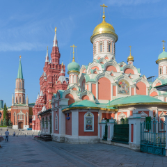 Moscow city, Russia. Kazan Cathedral on red square. On the background of the Kremlin and the state historical Museum