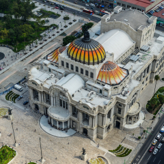 Palacio de Bellas Artes (Spanish for Palace of Fine Arts). Mexico City's main opera and theatre house as seen from above. An extravagant marble neoclassical structure inaugurated in 1934. 