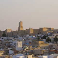 medina center in Sousse, with a fortress, in the sunset