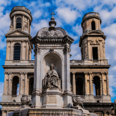 View of Saint-Sulpice church. Built in 1754 Eglise Saint-Sulpice is one of the biggest churches in Paris. Saint-Germain-des-Pres district, Place Saint-Sulpice, Paris, France.