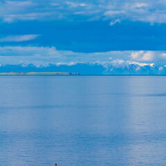 Tourists ride by Qinghai lake,China.