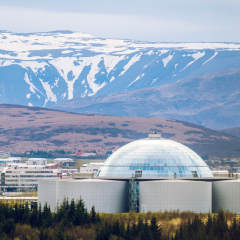 View of Perlan, water reservoir and restaurant in Reykjavik, Iceland