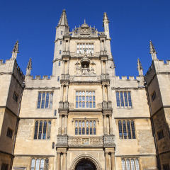 The Tower of the Five Orders housing the Bodleian Library in Oxford, England.  It is one of the oldest libraries in Europe.