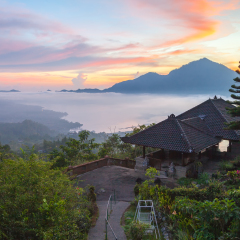 Lake Batur near Kintamani volcano in the morning, viewed from Penelokan are a popular sightseeing destination in Bali's central highlands, Indonesia. 