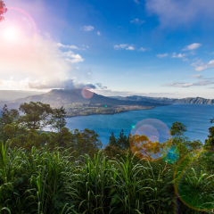 Landscape view of volcano mount and lake Batur located in Kintamani area in Bali, Indonesia