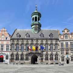 Gothic style City Hall and it's renaissance bell tower on the Grand Place square in Mons, Belgium