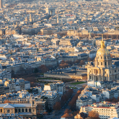travel to France - above view les invalides palace and Paris city in winter twilight from Tour Maine - Montparnasse (Montparnasse Tower)