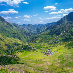 Rice terraces in the Philippines. The village is in a valley among the rice terraces. Rice cultivation in the North of the Philippines, Batad, Banaue.