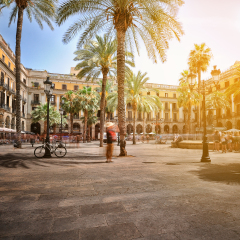 Plaza Real (Royal Square) on a summer day, Barcelona, Spain