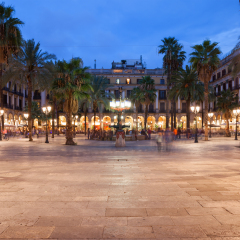 Placa Reial in Barcelona at night, Royal Square in historic city centre, Barri Gotic quarter, Catalonia, Spain