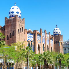 View from the street to facade of Monumental Bullring of Barcelona, Spain