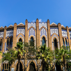 Exterior view of old bullfighting ring arena on the Plaza de Toros Monumental. Barcelona, Catalonia, Spain.