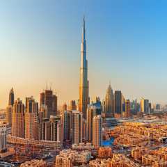 DUBAI ,UNITED ARAB EMIRATES-FEBRUARY 18, 2017: Beautiful Dubai downtown at the sunset,Dubai,United Arab Emirates