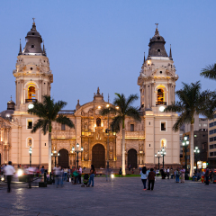 The Basilica Cathedral of Lima at sunset, it is a Roman Catholic cathedral located in the Plaza Mayor in Lima, Peru