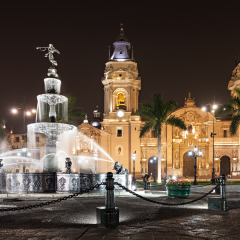 The Basilica Cathedral of Lima at night, it is a Roman Catholic cathedral located in the Plaza Mayor in Lima, Peru