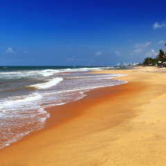 Sandy beach of the city of Colombo with buildings on the horizon. Sri Lanka