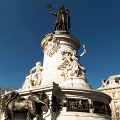 The Marianne statue on the Republic square in Paris, France.