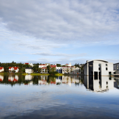 Reykjavik city hall and beautiful nordic colorful houses over the lake. Iceland