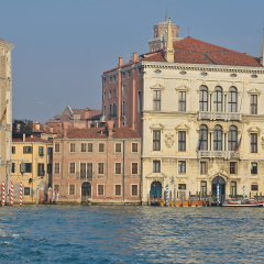 View up the Grand Canal in Venice, looking north towards San Toma with Museum of Ca'Rezzonicco on the left
