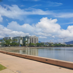 Cairns Esplanade walking towards the  public lagoon on a cloudy day