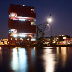 Night view over the MAS museum in Antwerp, Belgium
