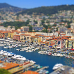 Aerial view of sea port of City of Nice, France. Tilt-shift miniature effect