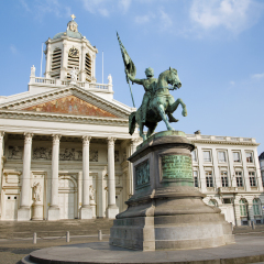 Brussels - St Jacques Church at The Coudenberg and Godefroid Van Bouillon king of Jesusalem memorial in evening.