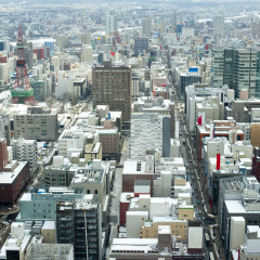 High angle view from the JR Tower of snow on the rooftops of Sapporo, Japan in winter