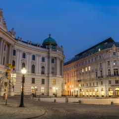 Spanische Hofreitschule (Spanish Riding School), Hofburg, on Michaelerplatz in Vienna, Austria in the night