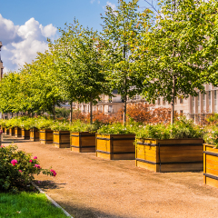 View of Jardin Atlantique in Paris. Jardin Atlantique is a public park and garden located on the roof that covers the tracks and platforms of the Gare Montparnasse railway station. Paris, France.