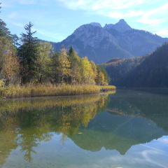 Fussen, Bavaria, Germany. Beautiful Lake Schwansee with reflection of mountains surrounded by autumn forest