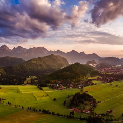 Panorama from the air sunset Forggensee and Schwangau, Germany, Bavaria