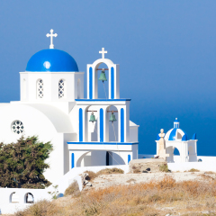Santorini, Pyrgos, typical church with blue cupola