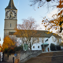 St. Peter Church and autumn trees, City of Zurich, Switzerland