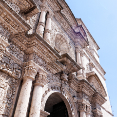 Entry to the historic Jesuit church Iglesia de la Compania in Arequipa, Peru.