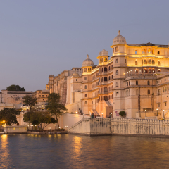 This photo was shot from Udaipur city at twilight time. Udaipur city palace was built over a period of nearly 400 years being contributed by several kings of the dynasty. Focus at the palace.