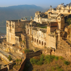 Taragarh fort in Bundi city, one of the biggest indian castles, typical medieval fortress in Rajasthan, India