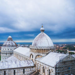 View of Pisa, a city in Tuscany, Central Italy with Pisa Cathedral and Leaning Tower