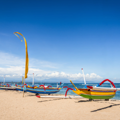 Traditional balinese jukung fishing boats on Sanur beach, Bali, Indonesia, Asia