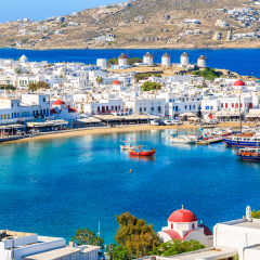 A view of Mykonos port with boats, Cyclades islands, Greece