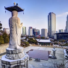 Skyline of downtown Seoul, South Korea from bongeunsa temple