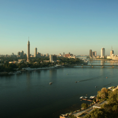 The River Nile running past Zamalek Island with Cairo Tower.