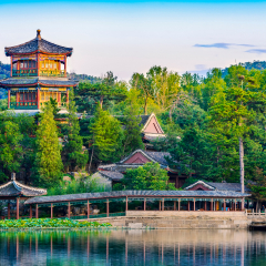Jinshan Tower (Little Golden Mountain). Located in Chengde Mountain Resort. It is a large complex of imperial palaces and gardens situated in the city of Chengde in Hebei, China.